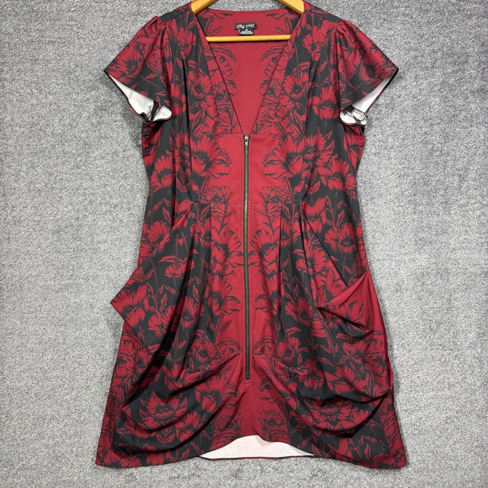 City Chic Dress XS Red Black Floral Front Zip‎ Tulip Skirt Women